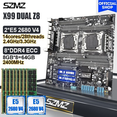 SZMZ X99 DUAL Motherboard Combo with 2* Xeon E5 2680 V4 CPU & 8*8GB DDR4 ECC RAM
