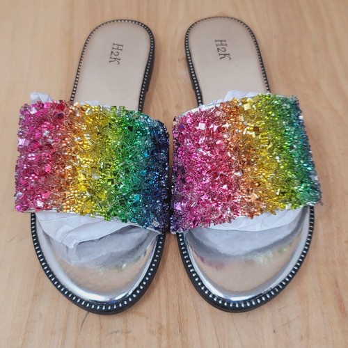 H2K Womens Sandals Sz 8 M Glitter Bling Fancy Slide Flat Low Sparkle Shoes - Picture 4 of 11