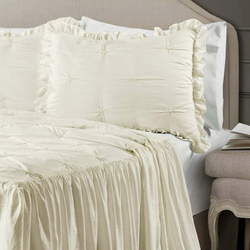 NEW ~ COZY CHIC XXL ELEGANT WHITE RUFFLE PINTUCK SHABBY SOFT BEDSPREAD QUILT SET - Picture 2 of 2