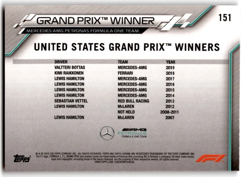 2020 Formula 1 Topps Chrome Valtteri Bottas #151 - Image 2 of 2