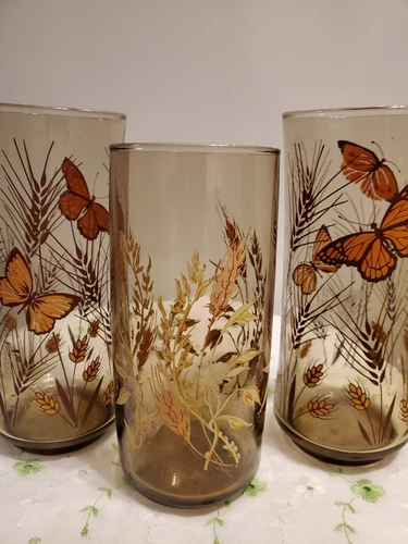 SALE! WAS 30. VTG MCM 4PC SMOKEY CHOCOLATE BUTTERFLY & WHEAT GLASS TUMBLERS