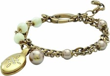 NEW FOSSIL BRASS GOLD CHAIN,FAUX WHITE,SILVER PEARL,LOCKET BRACELET-JF8706504