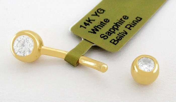 ANILLO OMBLIGO VIENTRE ZAFIRO BLANCO LABORATORIO ORO MACIZO 14K - NUEVO CON ETIQUETA - HECHO EN EE. UU. Foto 2 de 3