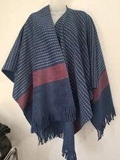 Eivissa Women Cape One Size Navy Plaid Polyester Open Front Fringe Poncho ++