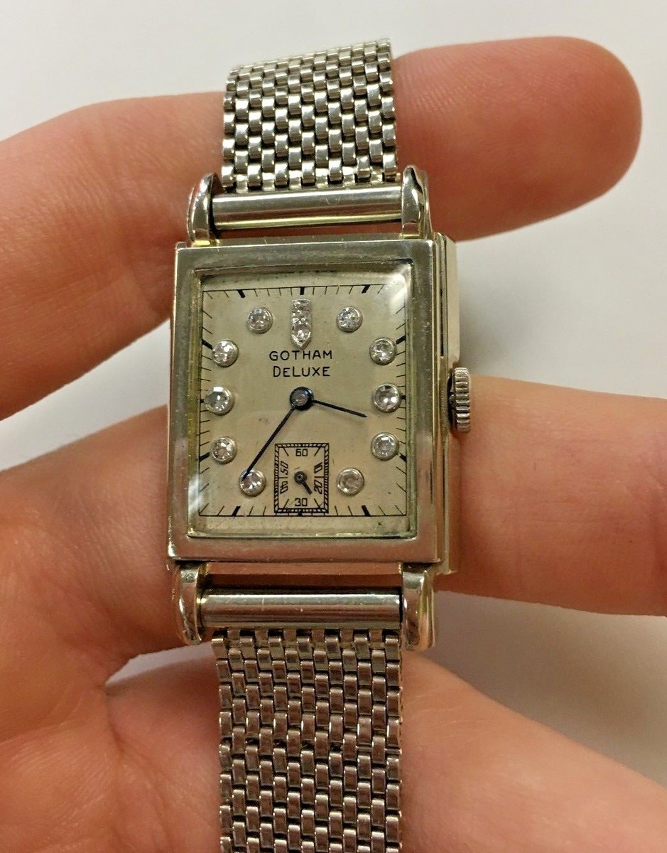 Vintage 14k White Gold Gotham Deluxe Watch with Diamonds, 17j