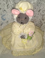 Cute Vintage Handcrafted Grandmother Mouse Yellow Dress  Bonnet Plush Stuffed