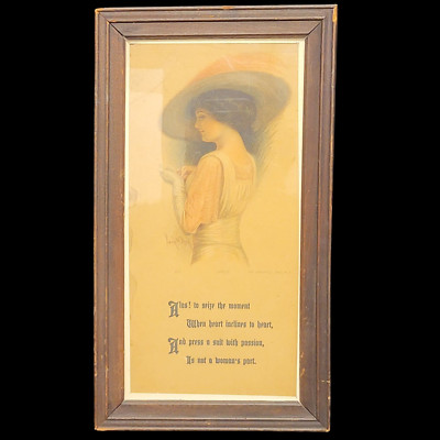 Frank Desch Antique Print Woman in Hat Wall Hanging Picture Framed Early 1900's