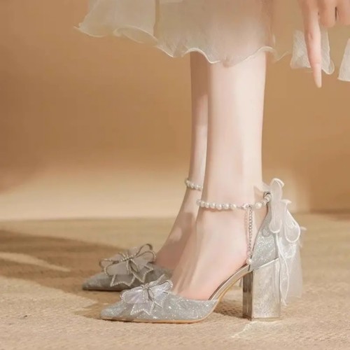 Women Elegant Pointed Toe High Heel Shoes Chunky Heel Glittery Party Formal Wear - Picture 2 of 7