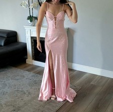 Sheri Hill Women Pink Sequin Sweetheart Spaghetti Strap Lace-Up Long Gown prom.