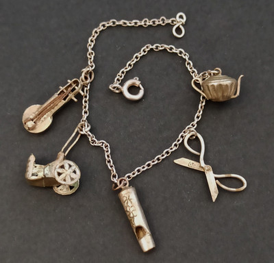 Vintage Sterling Silver Charm Bracelet Dainty 5 Mechanical Charms Whistle Gift