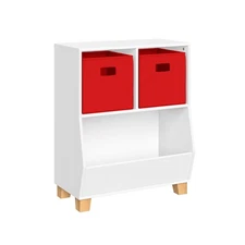 Kids Bookshelf Toy Storage Organizer with 2 Cubbies, 2 Folding Red Fabric Sto...
