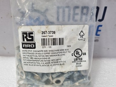 RS PRO E245391 Blue Ring Terminal 2-6 K.S 16-14 267-3739 One Pack 100PCS