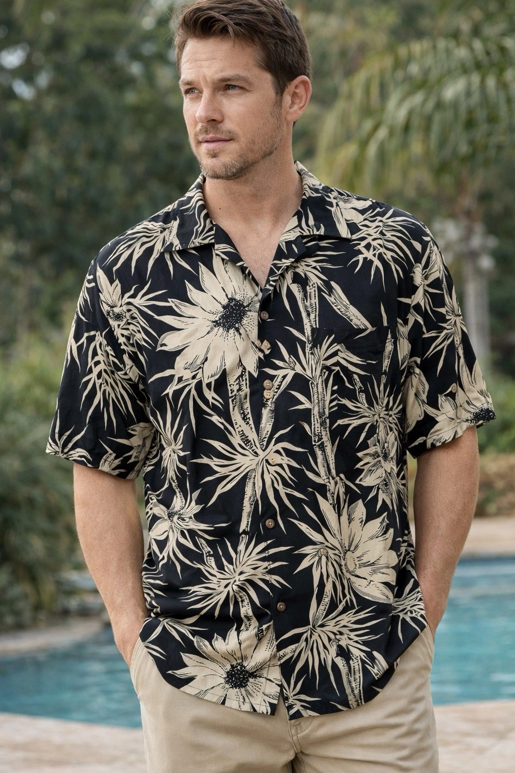 Tommy Bahama Silk Floral Wooden Button Short Sleeve Shirt Men’s Medium