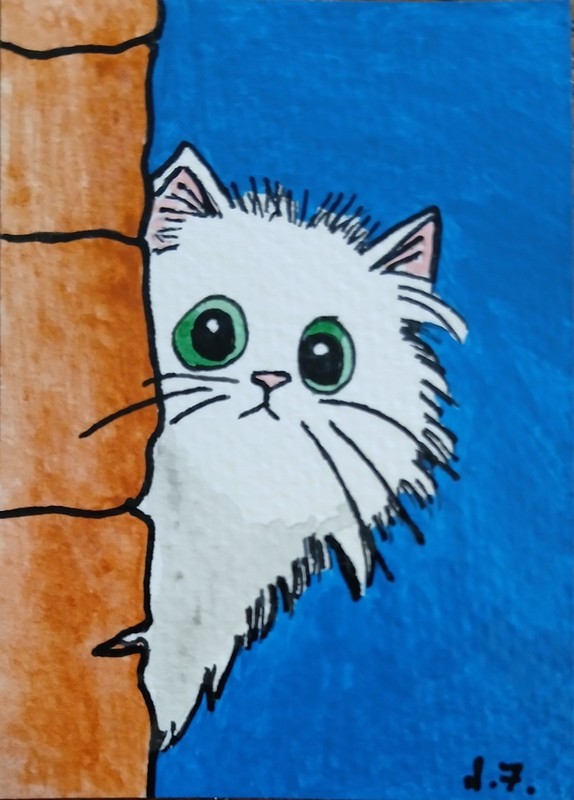 Whimsical Peek-a-boo Cat ATC ACEO ORIGINAL HAND PAINTED OOAK Suzanne Foster 