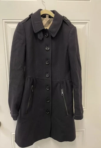 BURBERRY Brit Navy nero peplo plissettato lungo lana giacca trench cappotto 2 4 XXS XS