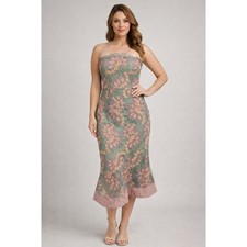 Foxiedox S Strapless Floral Lace Midi Dress Green Pink Scalloped Wedding Guest