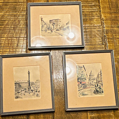 Set of 3 Franz Herbelot Paris Lithograph Prints - Framed 8.5x9.5