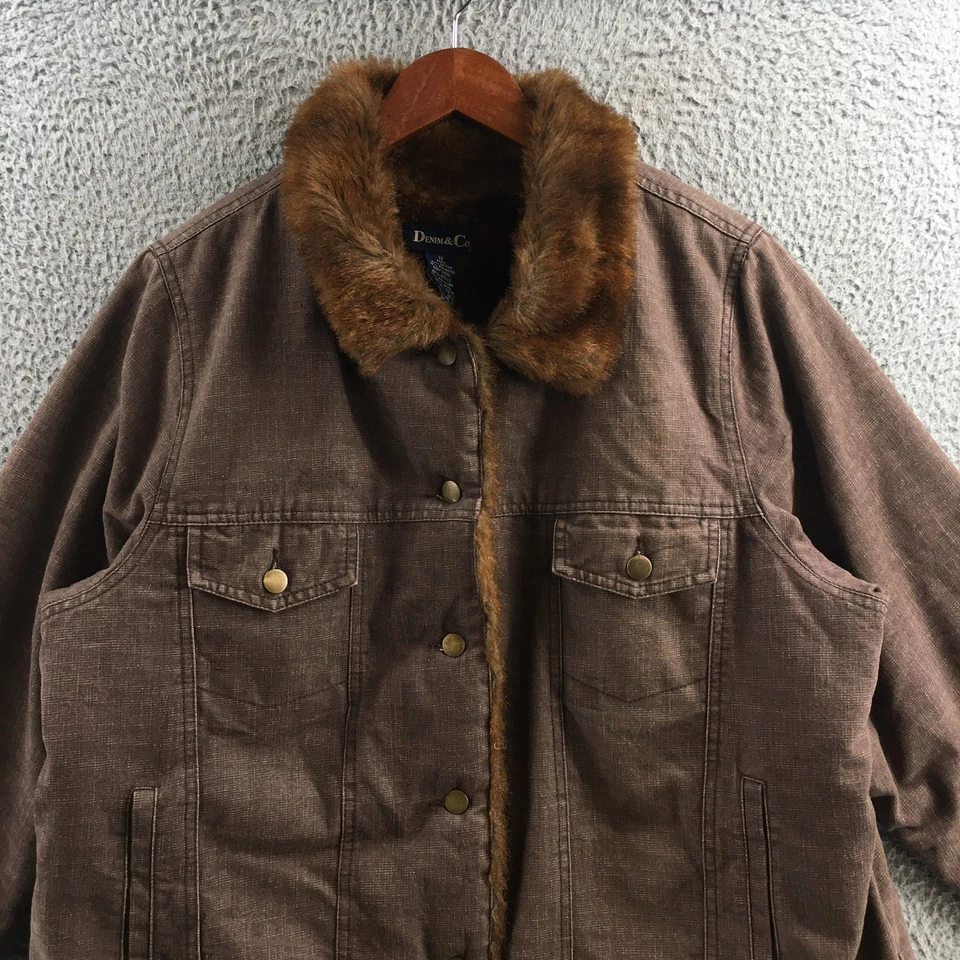 Chaqueta con botones de piel Denim & Co. para mujer 1X marrón mezcla de algodón manga larga bolsillo Foto 2 de 4