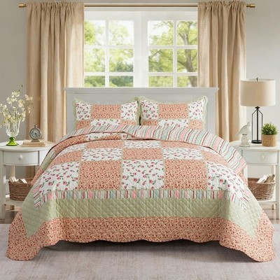 NEWLAKE Quilt Set Queen Size Warm Orange Floral Reversible Bedding 2 Pillow Sham