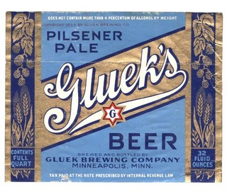 v1 32 oz Gluek's Pilsener etichetta birra pallida IRTP Gluek Minneapolis MN 4% peso
