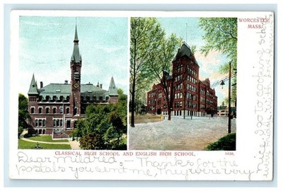 1905 Classical and English High School View, Worcester Massachusetts MA Postcard