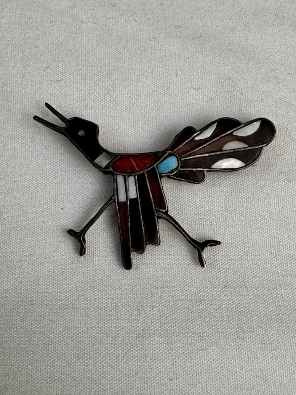 NATIVE AMERICAN STERLING SILVER Turquoise Etc INLAY ROADRUNNER BROOCH
