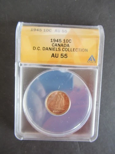 1945 SILVER 10 CENTS ANACS GRADED AU55 CANADIAN DIME