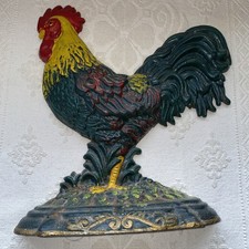Vintage Cast Iron Rooster Door Stop, Heavy with Vibrant colours. 25.5x29.5cm