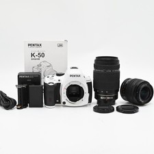 Pentax K-50 16.3 MP SLR Camera White 18-55mm/55-300mm Shutter Count: 10,690 