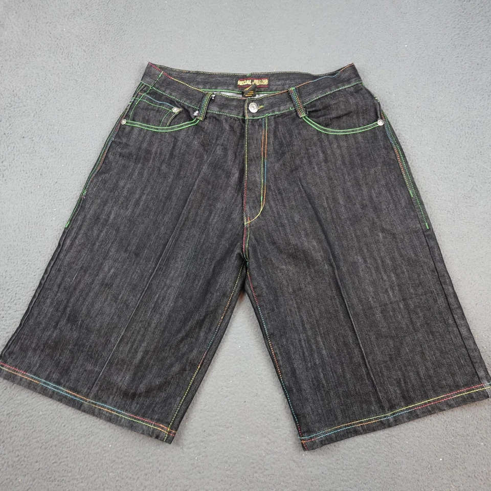 Pantalones Cortos Regal Jeans Para Hombre 38 Negros Denim Mapa del Mundo Bolsillos Costuras Rasta Foto 2 de 4