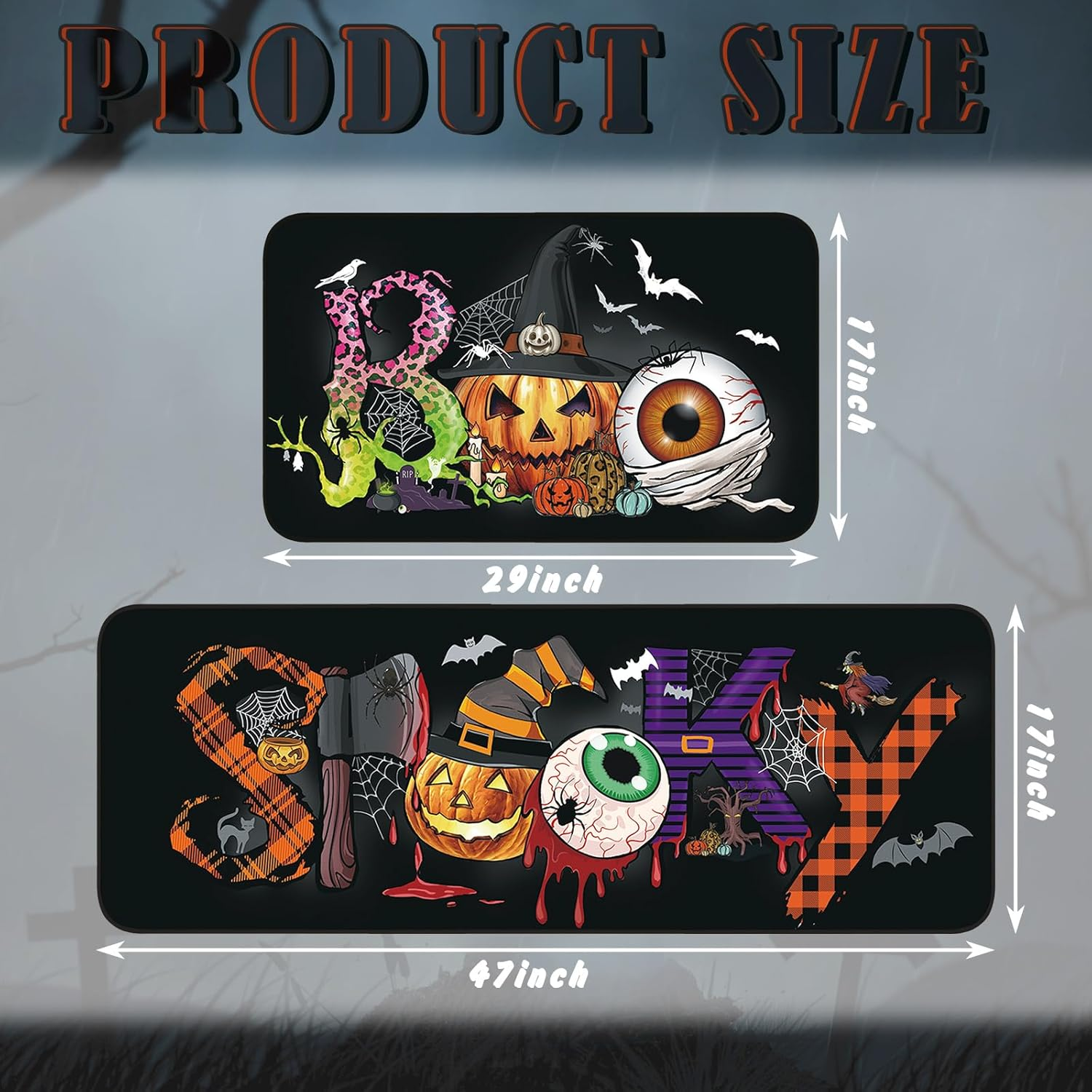 Set of 2 Halloween Kitchen Rugs and Mats Pumpkin Non Slip Backing Mat