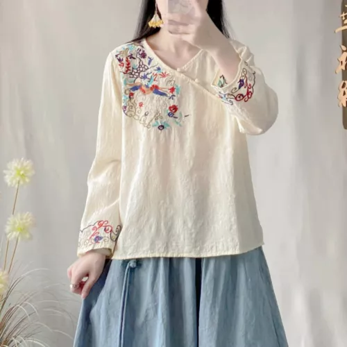 New Lady Embroidered Chinese Shirts Tops Blouse Retro Ethnic Floral Vintage - Picture 3 of 16