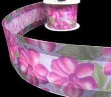 10 Yards Pink Purple Flower Flowers Garden Sheer Edge Wired Ribbon 2 1/2"W