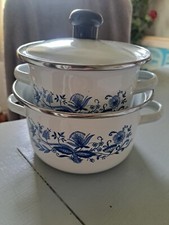 Vtg Mcm Enamel Pot Set. Blue Onion Pattern (2) Pots ( 1) Lid. Blue & White