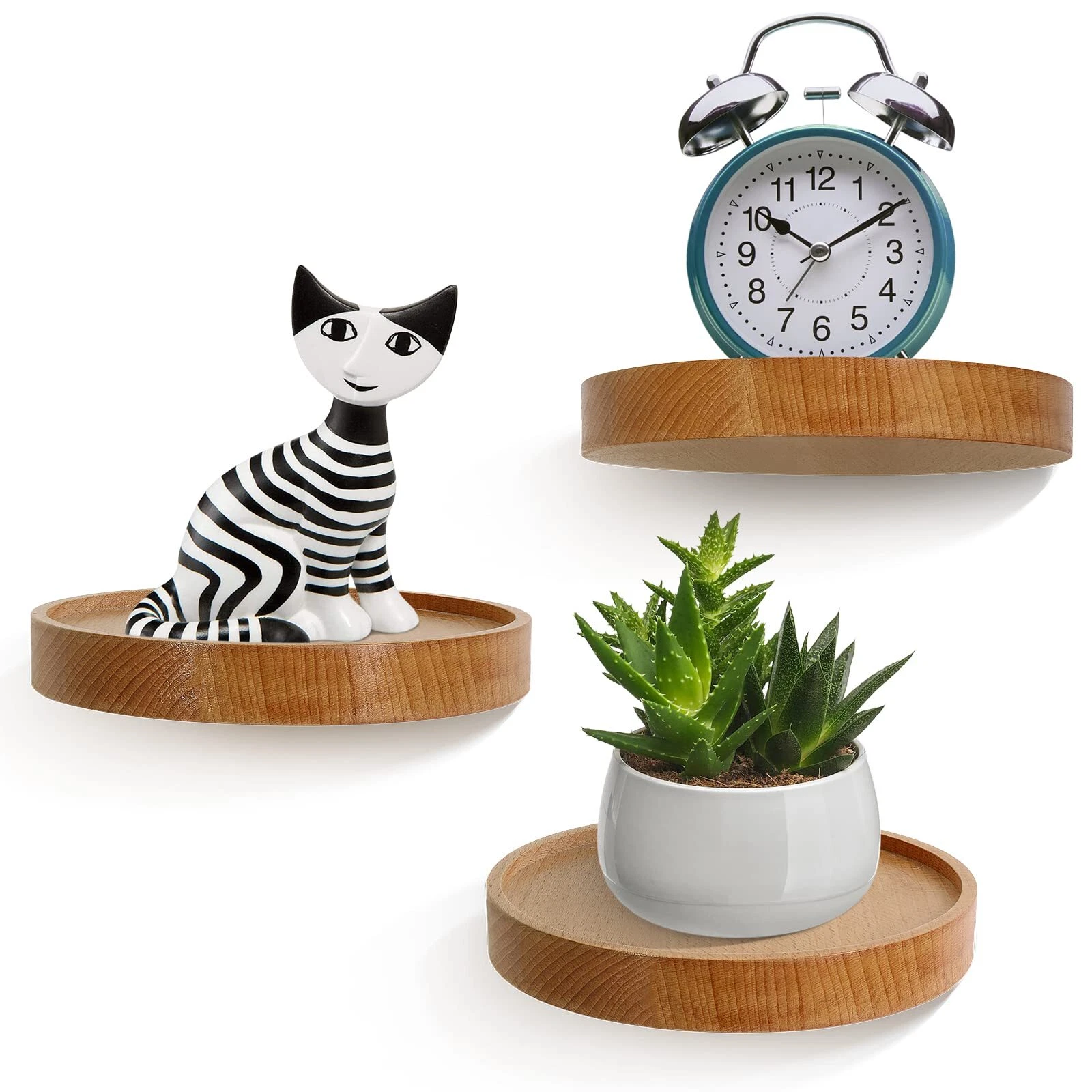 3-Pack Round Floating Shelves for Wall Decor 6'' Diameter Beech Wood Floating...