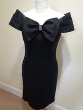 LOUIS FERAUD BLACK SILK OFF THE SHOULDER COCKTAIL DRESS WITH DIAMANTE BOW - S 10