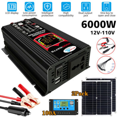 400W 2*Solar Panel 6000W Power Inverter Kit 12V 100A Battery Charger ...