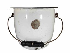 VTG Porcelain Enamel Ware Old Chamber Pot Wooden Black Handle 10" D White Bucket