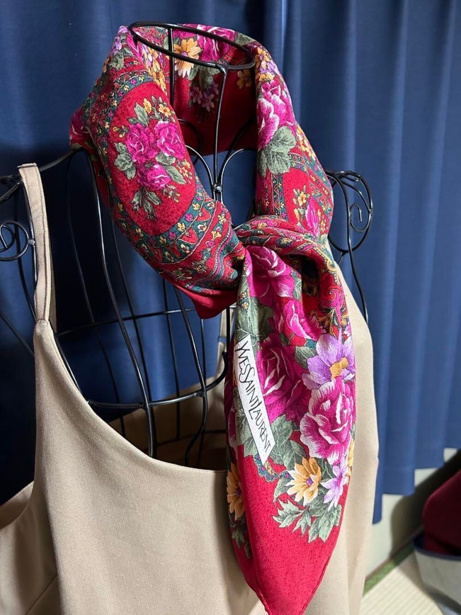 Yves Saint Laurent large scarf 85cm 32″ square silk flower red | eBay