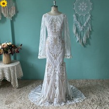 Vintage Boho Wedding Dresses Scoop Neck Flare Sleeve Lace Applique Small Tail