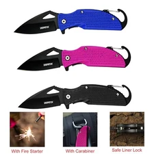 3PCS Pocket Knife Camping Knife Folding knife Fire Starter Carabiner Clip