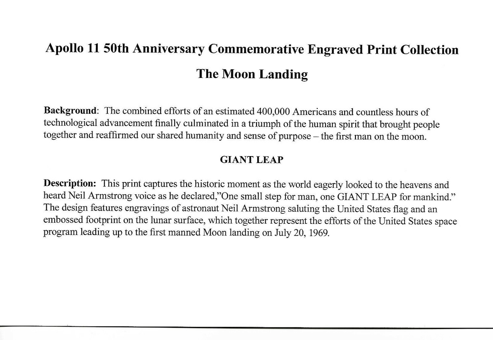 2019 Apollo 11 50th Anniversary Engraved Print: Giant Leap | eBay