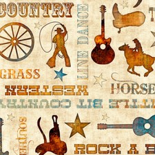 Country Fabric, BTY, Lil' Bit Country Phrases, QT 27741 -E, Crm, TheFabricEdge