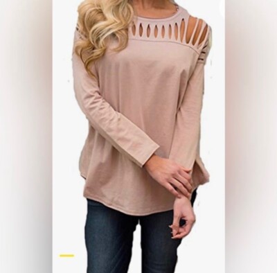 she & sky broken hole casual loose long sleeve tee shirt size M
