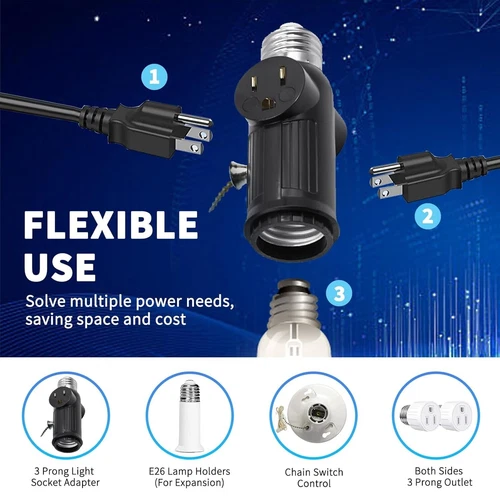 2X Light Socket to Plug Adapter 2/3 Prong Light Bulb Outlet Socket w/ Pull Chain - Bild 11 von 12