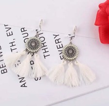 Clip on 2 3/4" silver circle white, black or orange tassel dangle earrings