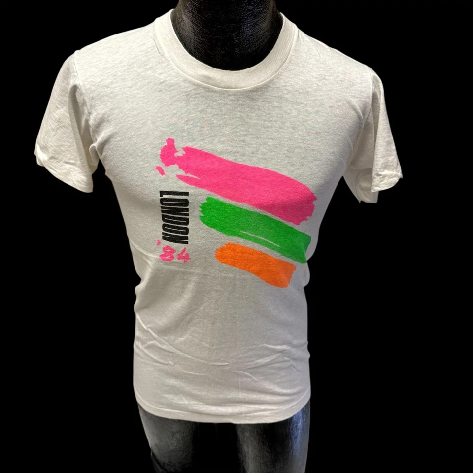Nueva Camiseta De Colección Años 80 Pantalla Estrellas LONDRES 1984 Pintura Neón Plateado Bloques de Color M Foto 2 de 4