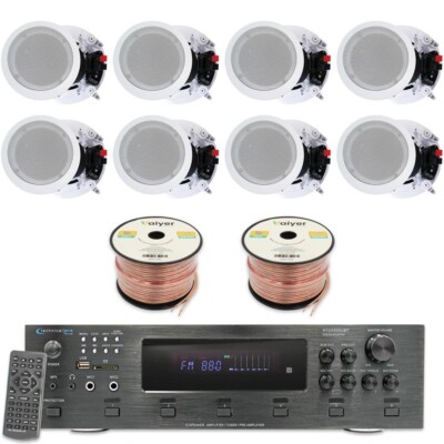 Home Theater System-6 Ch 6000W Bluetooth Amplifier, 8x 8'' Ceiling Speakers, Wire