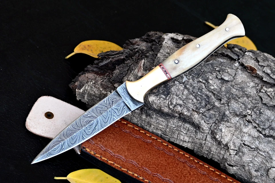 HANDMADE DAMASCUS KNIFE  FORGED STEEL HUNTING DAGGER BOOT KNIFE CAMEL BONE 864 - Image 2 of 4