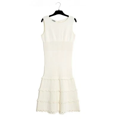 Chanel 2005s Robe Ecru FR38 Off White Cotton Knit Ruffles Dress UK10 US8 - Photo 1/4